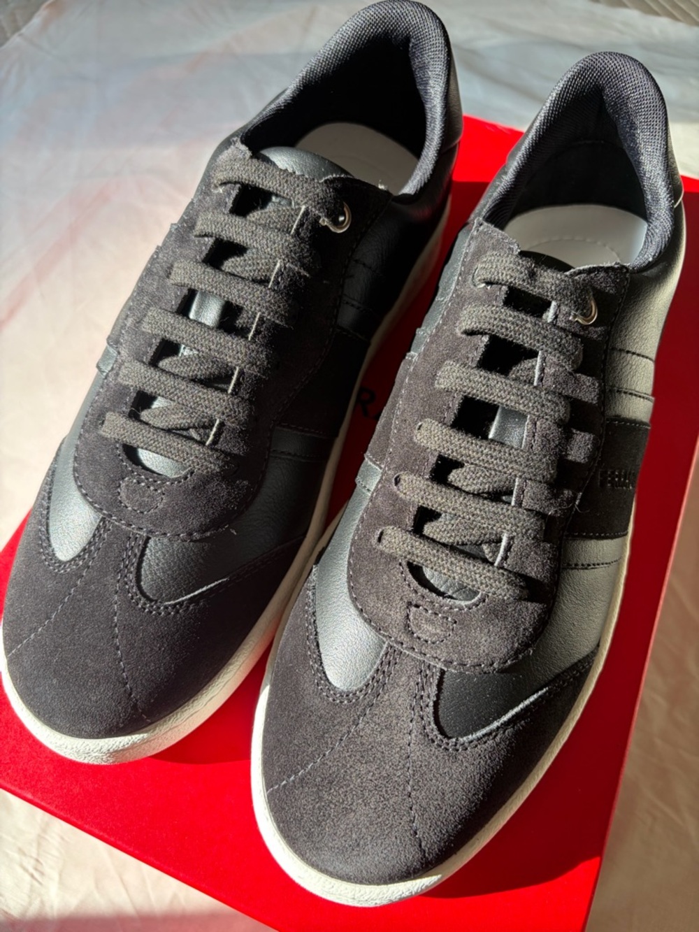 Salvatore Ferragamo Black Leather & White Sole Low-Top Sneakers